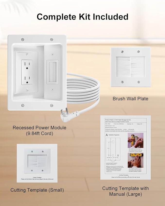 TV Cord Hider for Wall Mounted TV with Recessed Wall Outlet, In-Wall Cable Management Kit with 9.84FT, DIY Installation Kit with Hardware (Only 2AC)