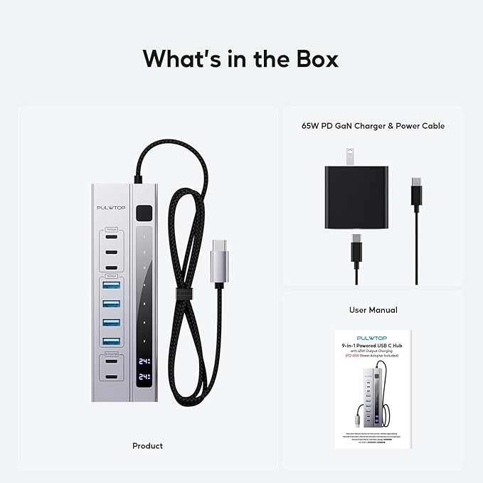 9 in 1 Powered USB C Hub, USB 3.2 Data Hub with 65W PD Power Adapter, 3 USB-C 10Gbps, 4 USB-A 5Gbps, 2 24/45W Type-C PD Charging Ports USB Hub
