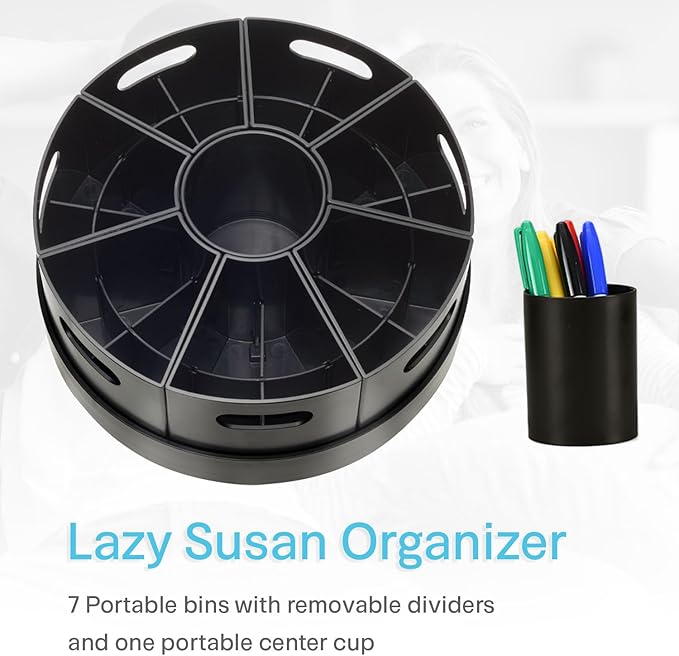 Black Rotating Desk Organizer Lazy Susan Caddies for Home School Office Supplies, Pens, Markers and Art Supplies for Classroom