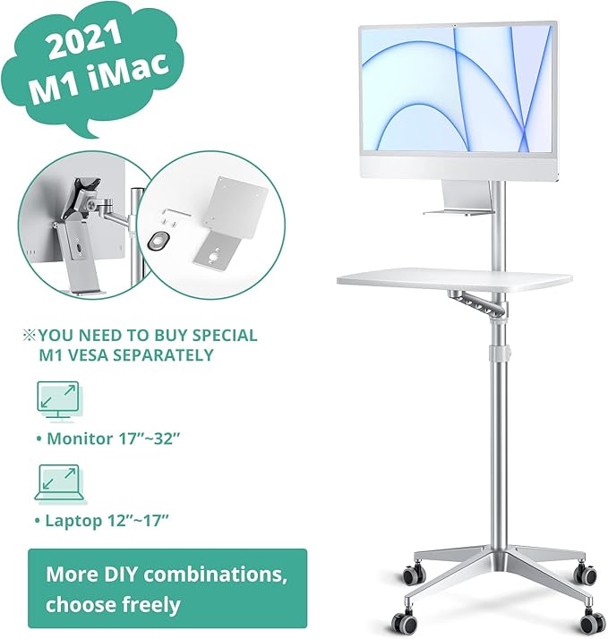 viozon Mobile Desk,Mobile Workstation,Mulitiuse Rolling Laptop Floor Stand,34"-48.6" Height Adjustable,Compatible with 17"-27"Monitor&12"-17"Laptop,21"×14" Desk Board,Maxload 17.6lbs,4 Lockable Wheels