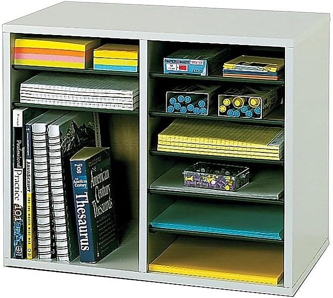 Safco Literature Organizer, 12 Compartments, Office and Classroom Mailbox with Adjustable Shelves, Wood Paper and Mail Sorter, Gray