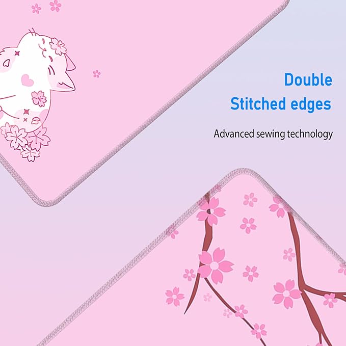 Cherry Blossom Cat Pink Mousepad,Cute Large Anime Gaming Desk Mat,Girly Office Decor Accessories Desktop Keyboard Pad for Women Girls,Aesthetic Japanese Sakura Mouse Mat,31.5x12in