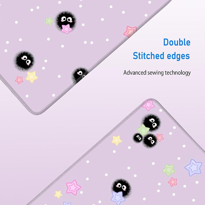 Cute Purple Mouse Pad,Large Kawaii Gaming Desk Mat(80x30cm),Star Sea Urchin Anime Lilac Decor Mousepad for Girls Women,Pastel Lavender Extended Girly Deskmat with Stitched Edges,31.5x12in