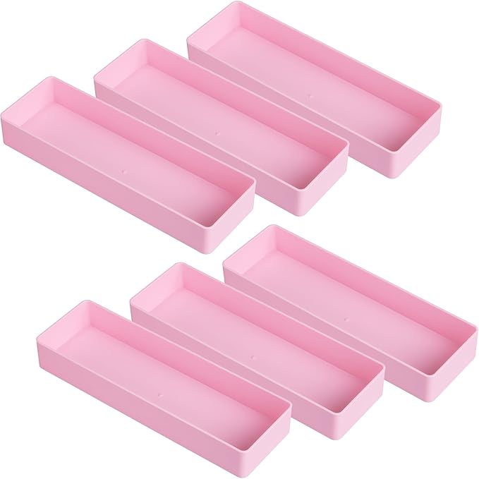 Teling 6 Pcs Pink Large Rectangular Desk Organizer Set, Half Accessory Tray, Plastic Tabletop Organizer for Office, Home, or Study, Dimensions: 9.45 x 2.95 x 1.38 Inches