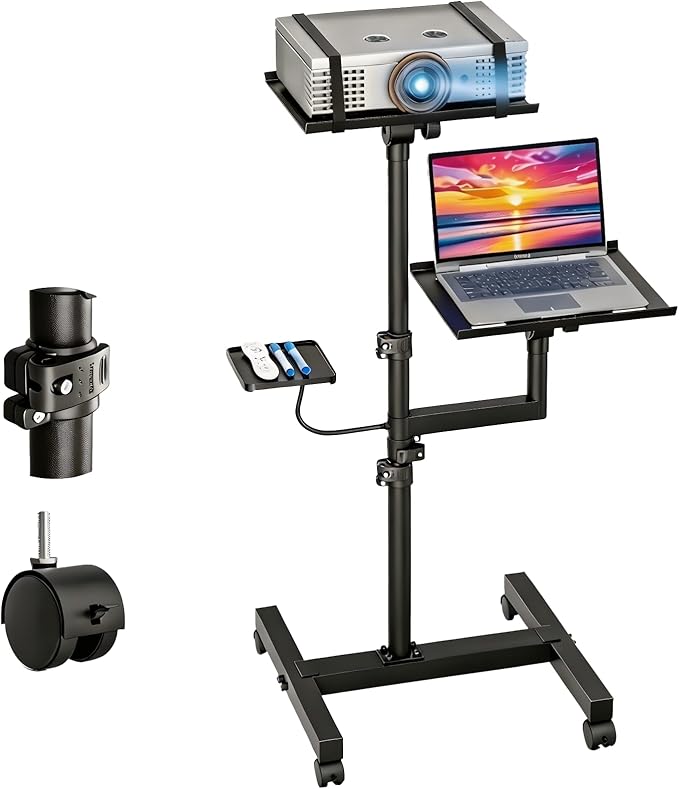 Projector and Laptop Stand Tripod, 2 Shelves Mobile Laptop Tripod Stand, Max 47" Height Adjustable Laptop Cart on Wheels, Projector Floor Stand with Ventilated Tray for Podium, Meeting, Couch