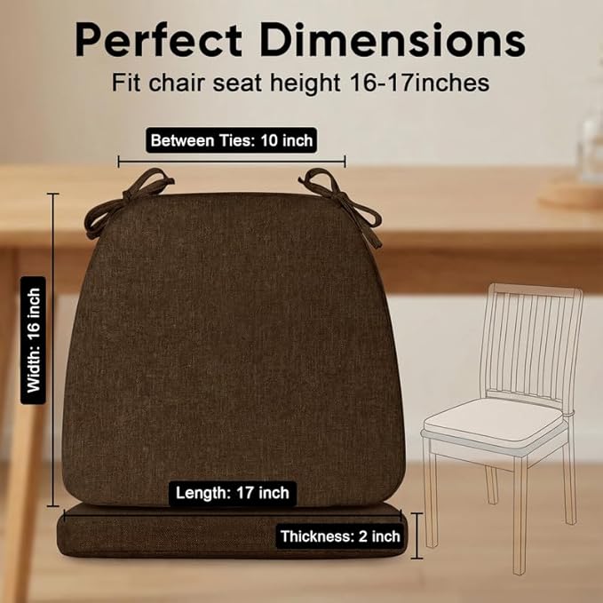 Chair Cushions Set of 1, D-Shaped Seat Cushion for Chair, Non Slip Chair Pads with Ties, 17" x 16" x 2", 40D Foam, Removable Washable Cover, Seat Cushions for Kitchen Chairs, Brown
