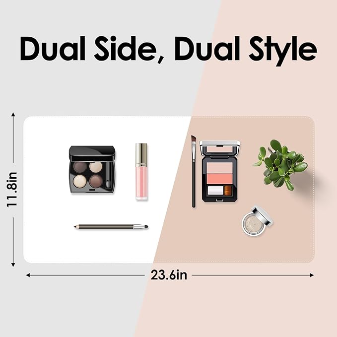 Makeup Mat for Vanity to Protect Desk Top 23.6 x 11.8 in, Dual-Sided Makeup Mat, Easy to Clean Desk Pad - Waterproof and Oilproof Vanity Accessories (White and Khaki)