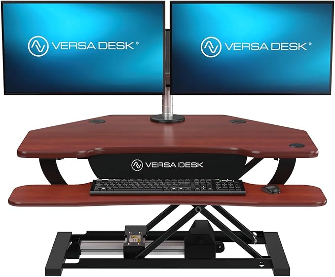 VERSADESK PowerPro 36” x 31” Corner Standing Desk Converter | 36 Inch Electric Height Adjustable Desk Riser - Sit or Stand w/programmable Controller, Keyboard Tray & USB Hub, Cherry