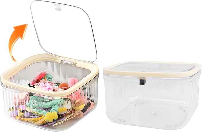 THMINS 2 Pack Hair Accessories Organizer for Girls,Small Plastic Storage Box with Lid for Kids Hair Clips,Ties,Bows&Jewelry,Stackable Dust-Proof Flip Top Container,Desktop Organizer(Clear)