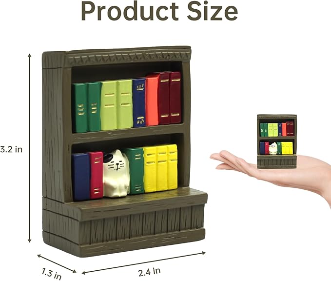 RAQWI Cute Mini Cat Bookshelf Statue, Tiny Bookcase Ornament for Living Room, Bedroom, Office Shelf Decor, Adorable Gift for Cat Moms, Readers, Miniature Collectors