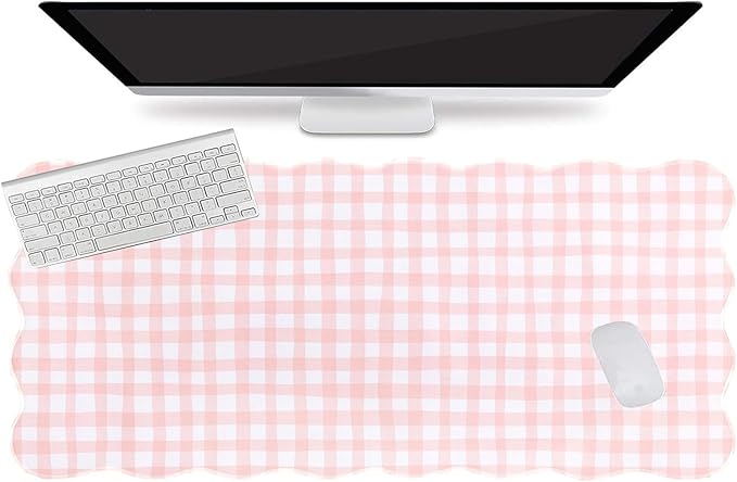 L-SPOUTTO Pink Checkered Mouse Pad,Cottagecore Scalloped Desk Mat XXL Large Cute Pastel Gaming Mousepad,35.4x15.7in Non-Slip Keyboard Pad Waterproof Desktop Mat for Laptop Computer Game Home Office