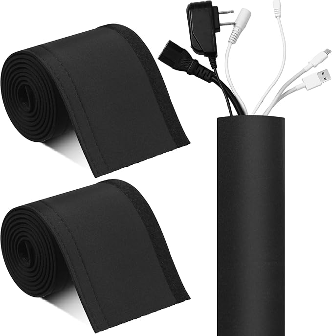 Poen 2pcs 120 Total Inch Cable Management Sleeve Trolling Motor Cable Sleeve Neoprene Cord Organizer Reversible Flexible Wrap Cover DIY Adjustable Hole Wire Protect for Office Computer Home, Black