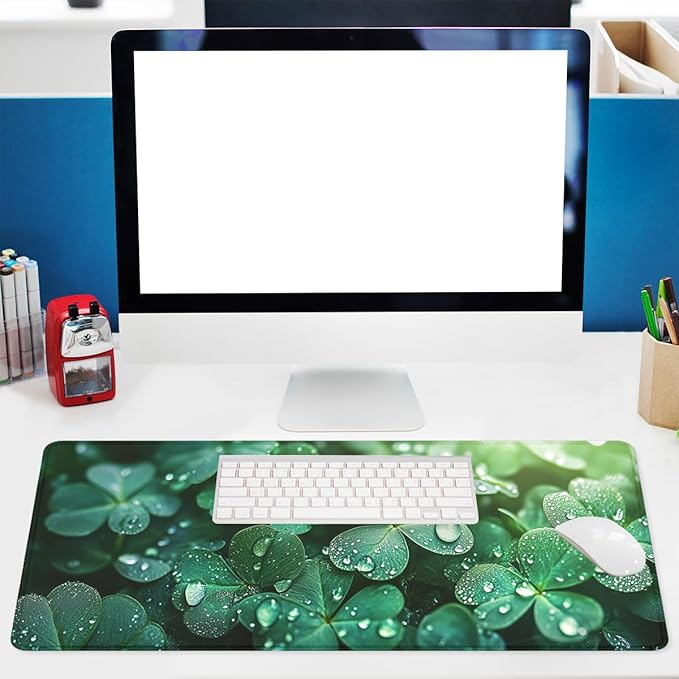 Four Leaf Clover Gaming Mouse Pad St Patricks Day Green Shamrock Extended Mousepad Waterproof Stitched Edges Rubber Base Non-Slip Deskpad Computer Keyboard Mat 31.5x11.8 in