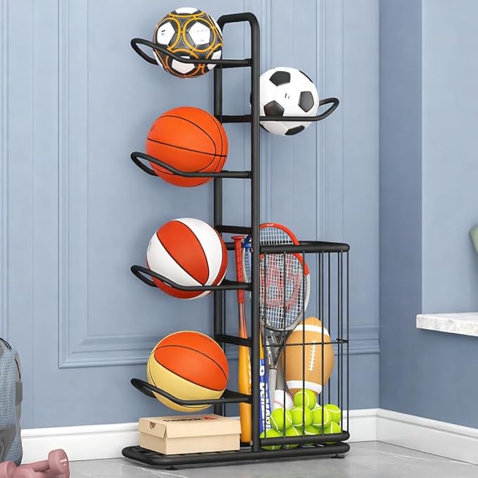 Sports Ball Storage Rack | Adjustable Vertical Stand for Basketball, Soccer, Volleyball & More | Durable Steel Organizer for Garage |5-Ball |45.7 inches, black