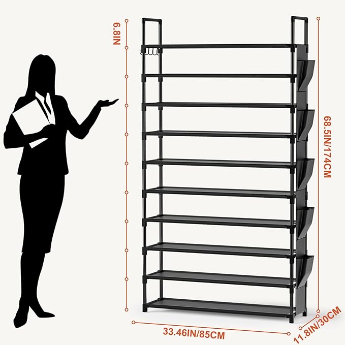 LUKYTOWER Tall Shoe Rack 10 Tier Shoe Racks Organizer for Closet 40-45Pairs,Large Capacity Storage Rack for Shoes with 5Hooks,Sturdy Shoe Shelf, Vertical Shoe Stand Tower