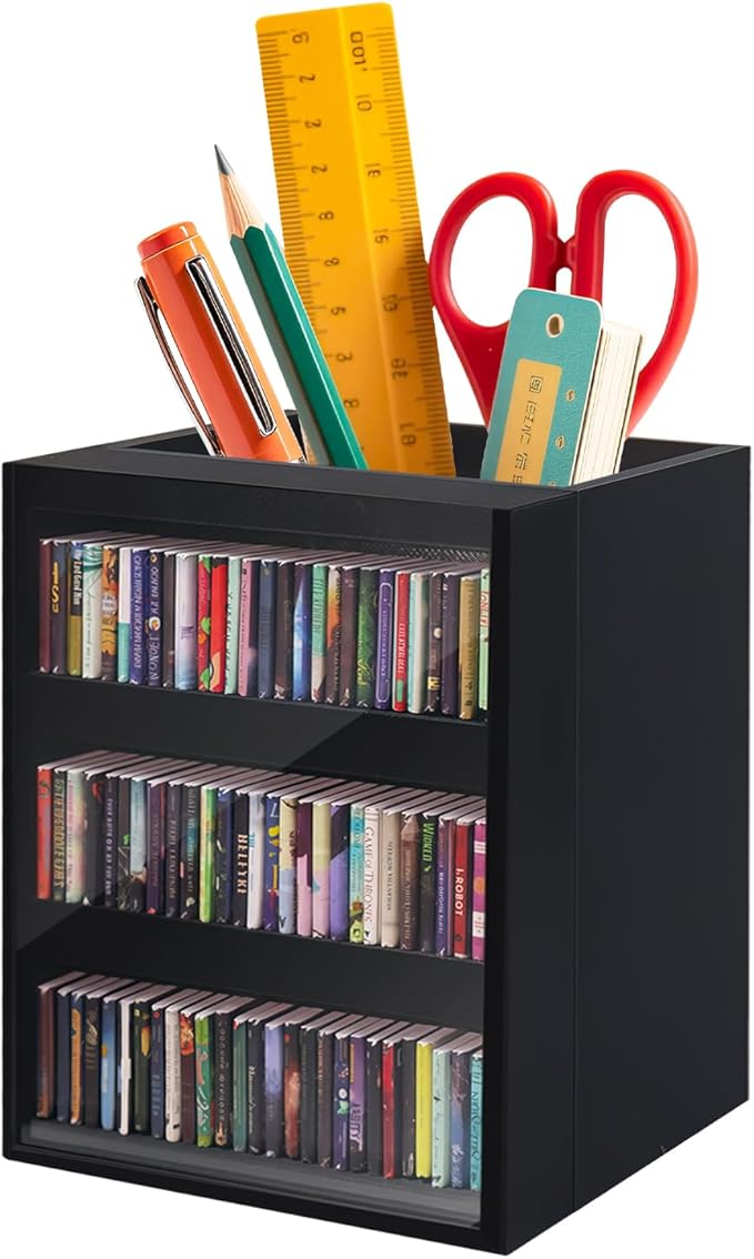 Anxiety Bookshelf Ornament Mini Bookshelf Miniature Library with 100pcs Mini Books, Mini Bookstore, Shake Off Your Anxiety, Bookmark or Pencil Holder Organizer for Book Lovers Home Decor (Black)