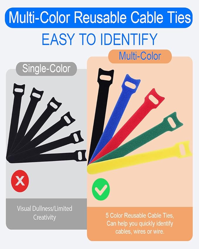 120 Pack Reusable Cable Ties 6 Inch – Multi-Color Hook and Loop Cord Ties for Wire Management – Color-Coded Cable Straps for Electronics, PC, Desk & Gaming Setup