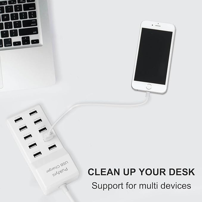 Puikfni 10-Port USB Charger Station with Rapid Charging Auto Detect Technology Safety Guaranteed, 10-Type A Ports Smart for Multiple Devices Phone Tablet Laptop Computer (White)