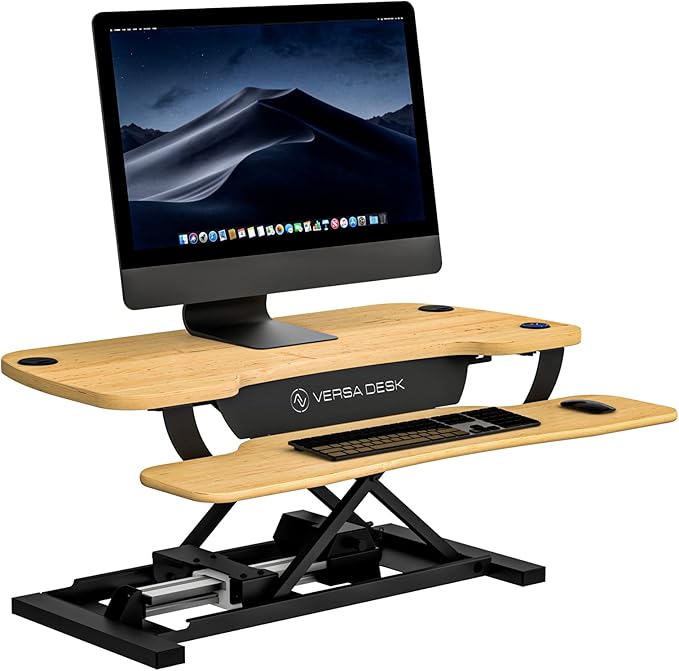 VERSADESK PowerPro 36 Inch Electric Standing Desk Converter – Push-Button Height Adjustable Sit to Stand Desk Riser for Dual Monitors & Laptop – Motorized Desktop Workstation with Wide Keyboard Tray