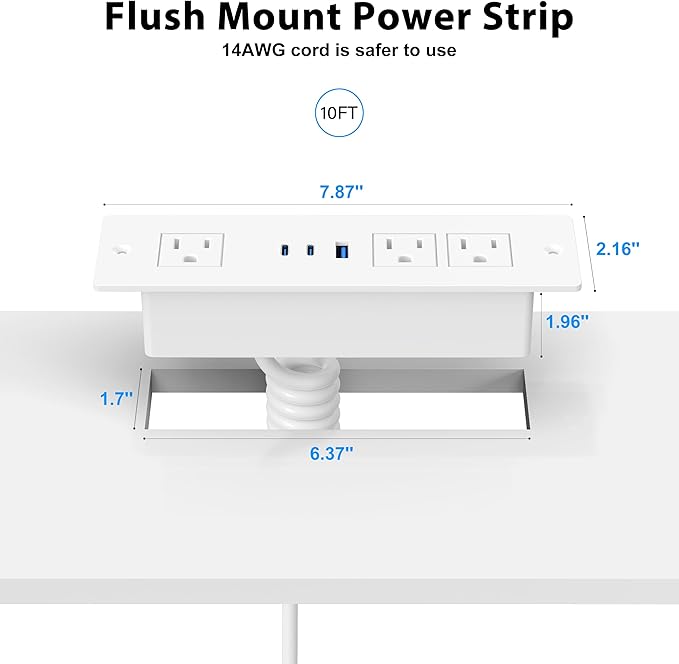 Drawer Outlet Kit with 65W USB C Fast Charging Station, HEZI Recessed Power Outlet with 3 USB Ports & 3 AC Outlets, Furniture Flush Mount Power Strip for Home Office,10FT White Cord