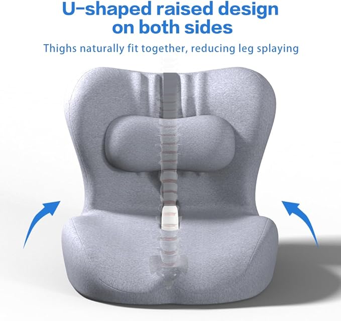 Adjustable Seat Cushion & Lumbar Support Pillow Set for Office Chair, Ergonomic Pillow for Sciatica Pain Relief, Memory Foam Back Support Pillow & Chair Cushion for Car seat, Desk Chair (grey)