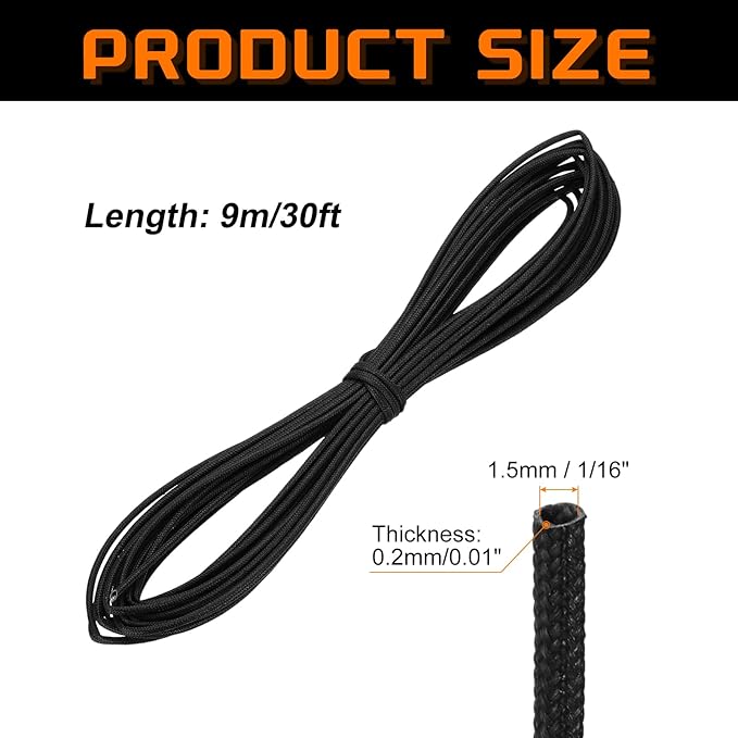 MECCANIXITY 30ft Braided Cable Sleeve, 1/16" ID 200C Heat Resistant 1500V Fiberglass Wire Insulation Cord Protector Organizer Wires Management for Motor Engine Fuel Line, Black