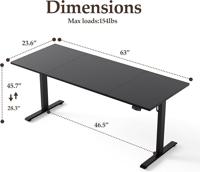Klicelor 63 Inch Large Electric Standing Desk, Height Adjustable Office Desk, Sit Stand Up Computer Gaming Desk with Memory Preset, Three-Piece Desktop, Black
