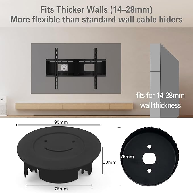 in Wall Cable Management Kit, Large Opening Cable Pass Through (Fits 5+ Cables), 2-Pack Wall Grommets with Drywall Hole Saw for Easy Install, TV Cord Hider for Wall Mounted TV - Black
