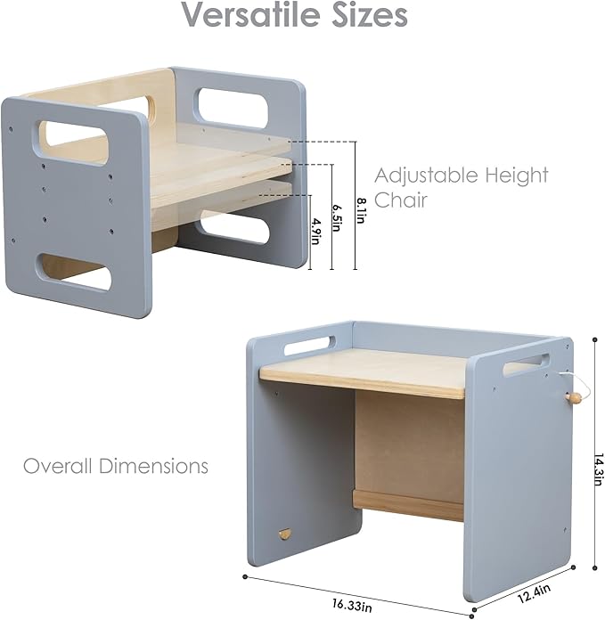 bpmfkid Montessori Weaning Table and Chair Set - Adjustable Design for Toddlers, Ideal for Mealtime, Learning, and Play, Grey