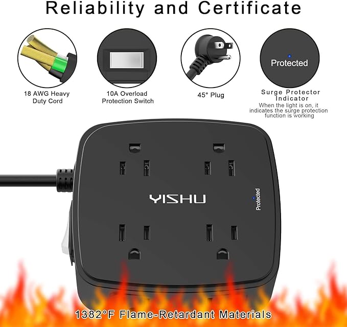 5Ft Surge Protector Power Strip - 8 Widely Outlets with 4 USB Ports, 3 Side Outlet Extender with 5 Feet Extension Cord, Flat Plug, Wall Mount, Desk USB Charging Station, ETL,Black