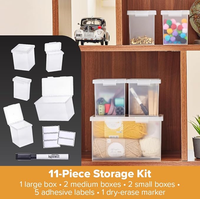 Bostitch Konnect Storage Containers with Lids, Clear Plastic Box, Stackable for Crafts, Home, and Office Organization, Labels, 5 Piece (1 4Qt Box, 21.5-Qt Boxes, 2 0.5-Qt Boxes)