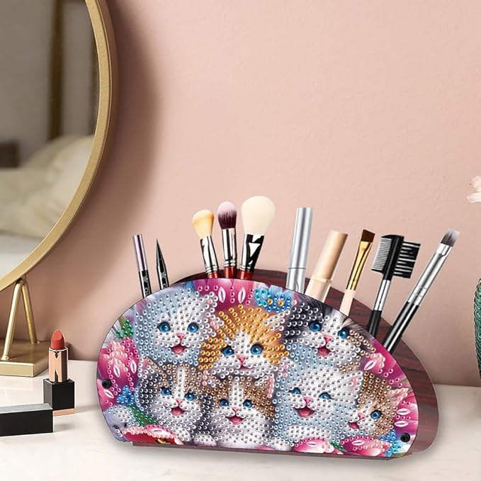 POETRYDRAW DIY Cats Diamond Art Painting Wooden Storage Box – Multi-Grid Moon Fan Makeup Brush Organizer, Double-Sided Drill Tabletop Holder for Women, Office & Home Decoration