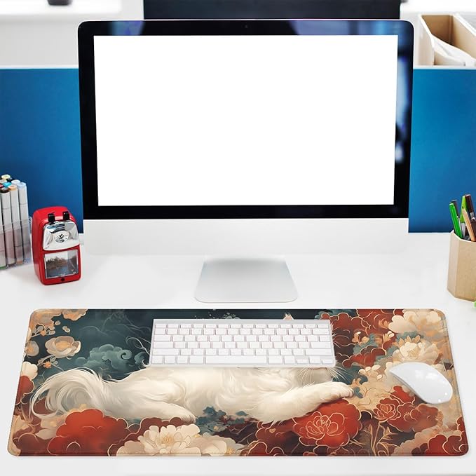 White Cat Mouse Pad Traditional Japanese Auspicious Clouds Extended Mousepad Waterproof Stitched Edges Rubber Base Non-Slip Deskmap Computer Keyboard Mat 31.5x11.8 in