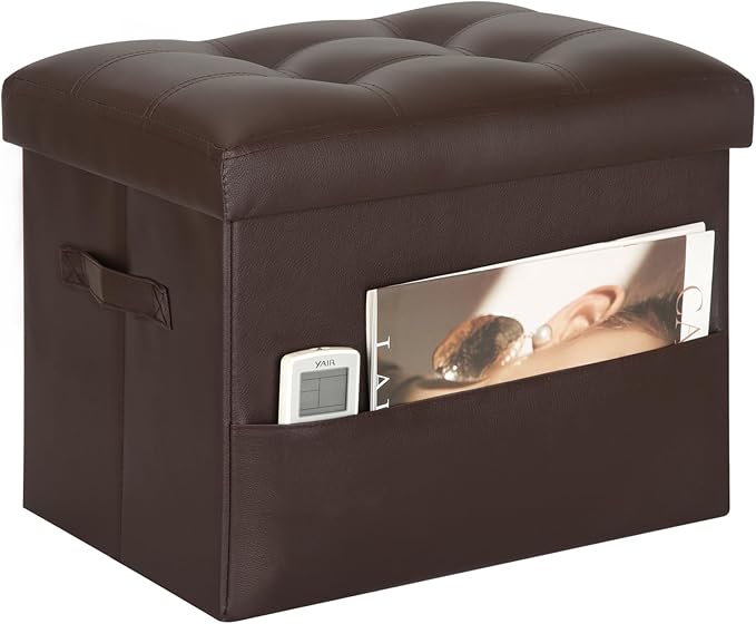 BelugaHelper Storage Ottoman Foot Rest Stool, Foldable Leather Footstool Storage Bench with Thicker Foam Padded Seat. Foot Rest Under Desk for Living Room Bedroom 350 lbs, 17x13x13 in, Brown