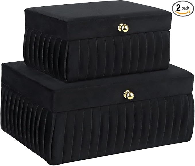 HofferRuffer Velvet Decorative Boxes, Jewelry Boxes Storage Accessory Organizer Boxes with Elegant Handle Decor, Classic Velvet Set of 2 Pieces (Black Velvet)