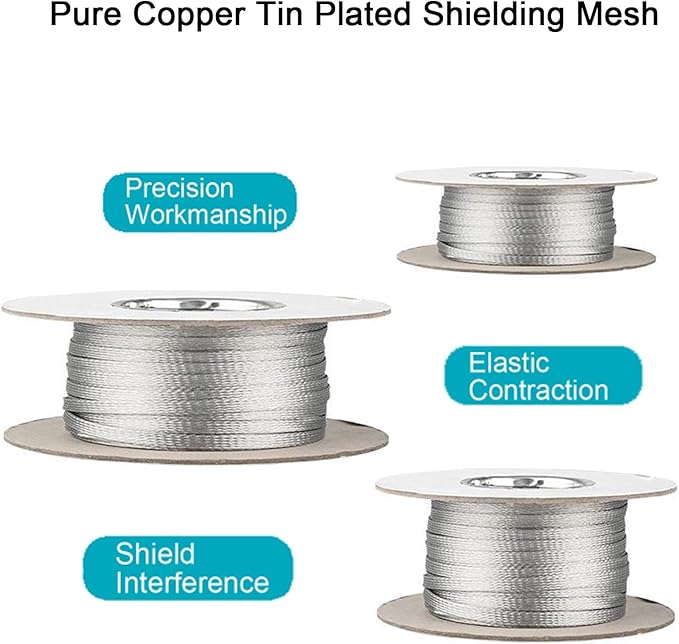 Tinned Copper Braided Cable Shielding Sleeve Metal Wire Loom Sheathing EMI RFI ESD Protector Grounding Mesh Flat Tubular Expandable 3/4" W(0.48" ID)-35FT