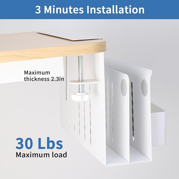 2 Tier Desk Side Storage Organizer, Under Desk Laptop Holder with Magnetic Pen Holder, No Drill Hanging Desk Caddy for Office and Home, Clamp On Desk Shelf for Tablet, Files,Accessories (White)
