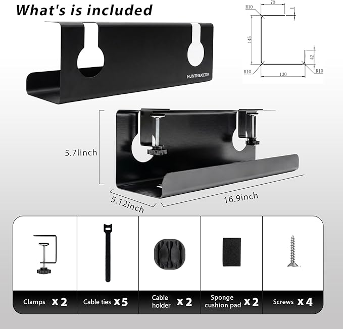 No Drill Under Desk Cable Management Tray with Clamp, Home/Office Desk Cord Organizer and Accessories Storage Shelf, 17'' Metal Cable Organizer for Standing/Gaming Desk, Office Supplies, Black 1 Set