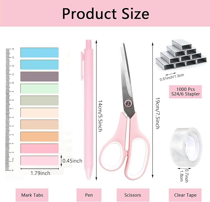 Office Supplies,Pink Desk Accessories,Office Supplies Set,Stapler and Tape Dispenser Set,Scissors,Staple Remover,Binder Clips,Staples,Ballpoint Pen,Index Tabs with Ruler,Clear Tape.9pcs for Office