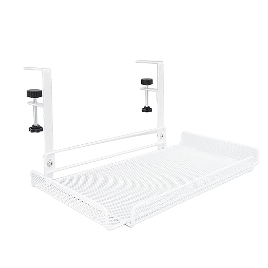 Under Desk Cable Management Tray, 14.4 x 7.9 x 6.9 Inch Large Cpacity Metal Mesh Desk Cable Tray with Clamp Mount No Drill Carbon Steel Desk Cable Organizer for Home Office (White)