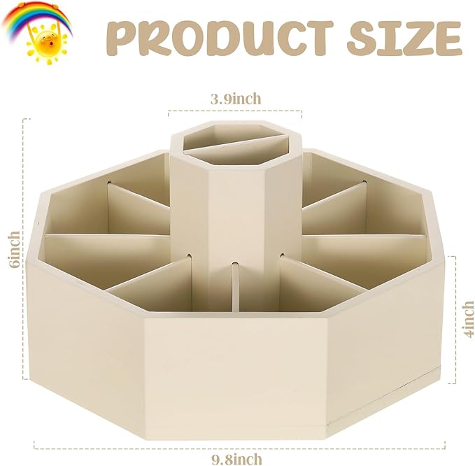 360° Rotating Pencil Holder for Desk Bamboo Rotating Marker Pen Desk Organizer Art Supply Gifts or Desktop Storage Caddy, Crayon, Marker, Pencil(Beige)
