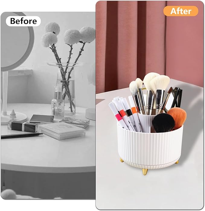 Desk Organizer Pen Holder, 5 Slots 360-Degree Spinning Pencil Organizers, Pencil Cups Desktop Storage Stationery Supplies for Office School Home,White