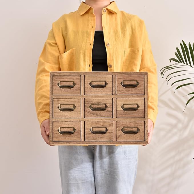 KIRIGEN Wooden Desk Storage Cabinet with 9 Mini Drawers, Solid Wood Desktop Organizer with Metal Label Handles for Office Supplies, Crafts, Tea Bags, Makeup, Brown 9CG-DBR