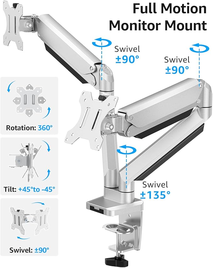 MOUNTUP Dual Monitor Desk Mount, Die-Cast Aluminum Fully Adjustable Double Monitor Arm, Computer Monitor Stand Fits 2 Screen 17 to 32 inch - Each Arm Holds 4.4-19.8LBS