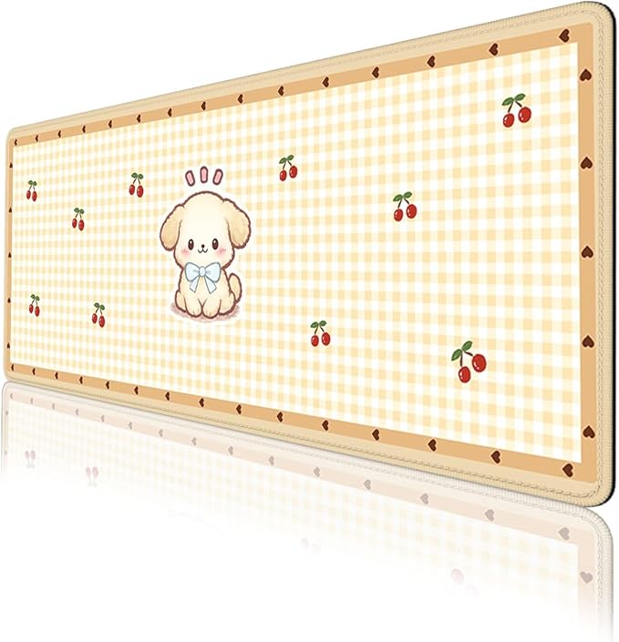 Cute Puppy Mouse Pad Cartoon Cherry Gingham Mousepad Extended Large Laptop Keyboard Non-Slip Rubber Base with Stitched Edges for Home 31.5x11.8 Inch