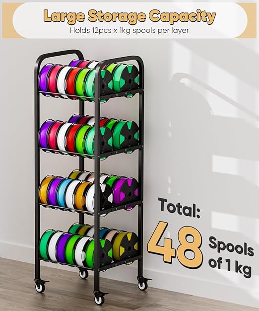 4-Tier 3D Printer Filament Storage Rack with Wheels, Rolling Spool Holder Stand Cart, Holds up to 48×1kg Spools, Heavy Duty Metal Filaments Organizer Shelf for Printing Studio Office Workshop