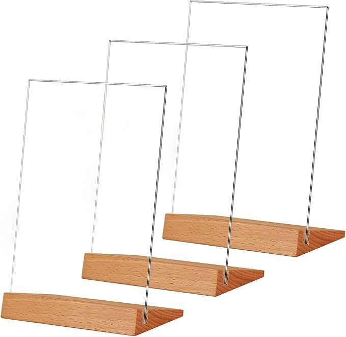 TONICE® 3 Pack 8.5x11 Acrylic Sign Holder L Shape Slant Back Design Clear Acrylic Frame Wood Base, Table Menu Display Stand, Flyer Display (Optional 8.5x11/5x7 Inch L/T Shape)