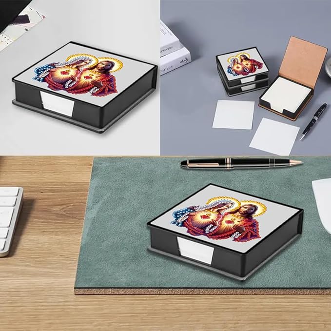 FRANDEK Jesus and Our Lady Creative Diamond Art Desk Organizer, DIY PU Note Box with 160 Sheets, All-in-One Gift Set for Craft Lovers, Elegant Mosaic Kits for Home & Office
