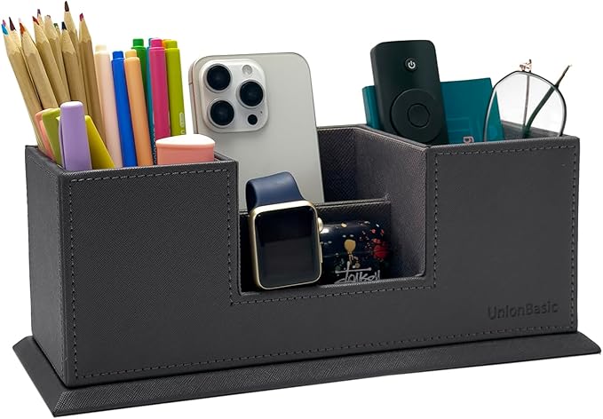 UnionBasic 4 Compartment Desk Organizer - Dual Pen Holder - Card/Pen/Pencil/Mobile Phone Office Supplies Holder (Grey)