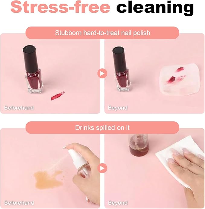 Foldable Nail Mat for Table, Waterproof PU Leather Manicure Pad, Non-Slip Desk Protector for Nail Tech & Salon, Portable Easy Clean Large 60x30cm Nail Art Station Mat (Pink)